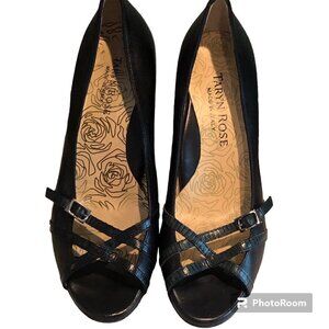 Women's Taryn Rose Black Leather Open Toe Vero Cuoio Italy Size 5 1/2